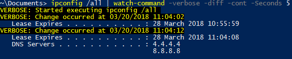 Watch-Command example monitoring ipconfig change