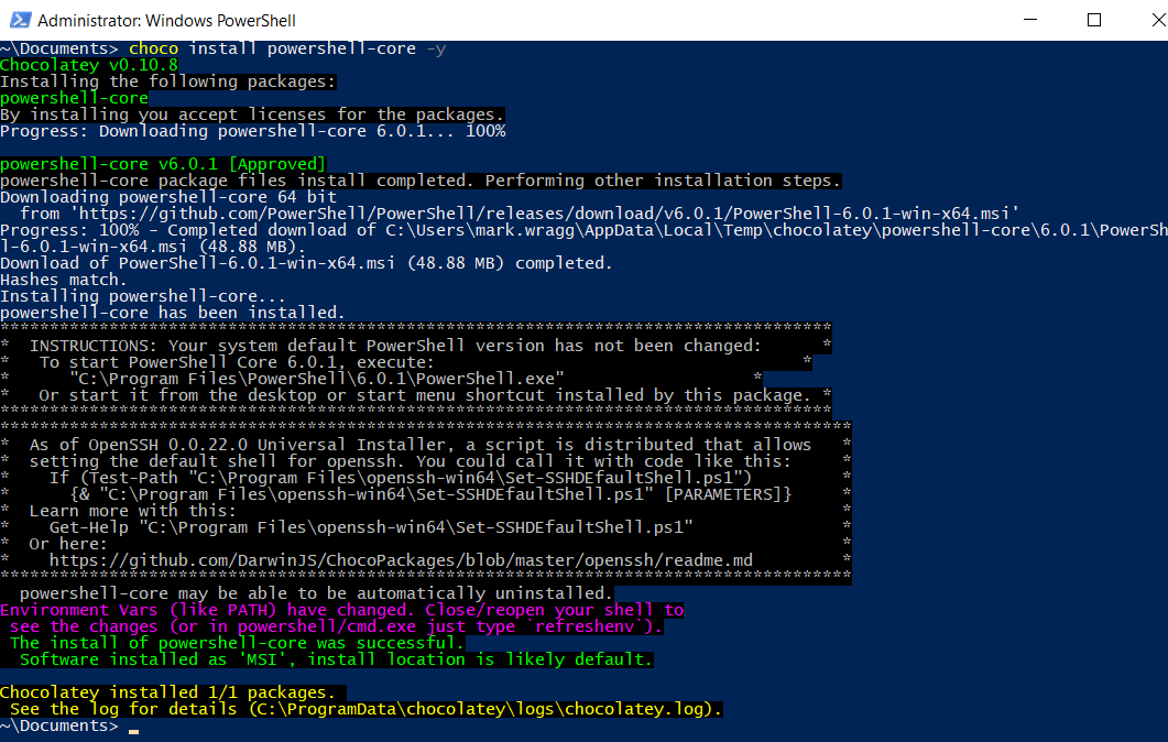 Chocolatey installation of PowerShell Core