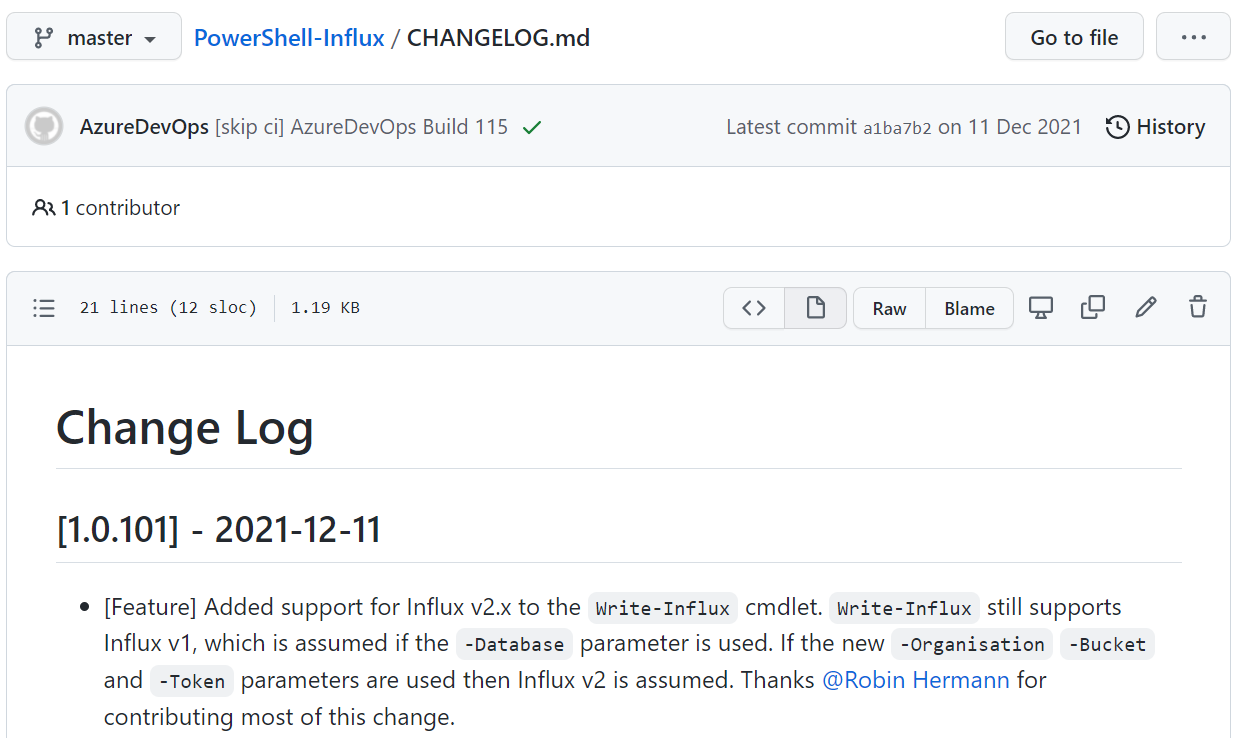 changelog deployment example commit