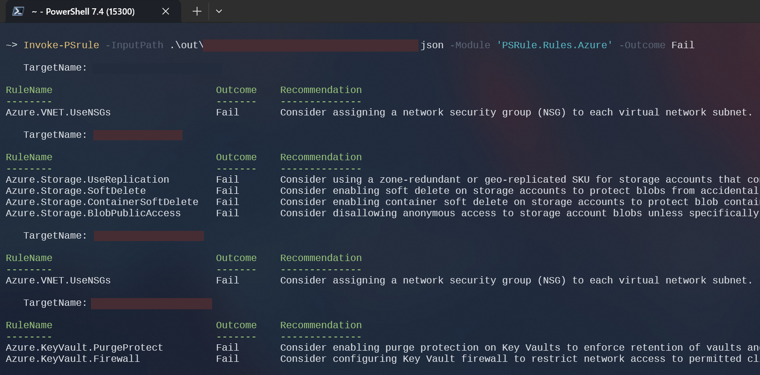 PSRule for Azure output example